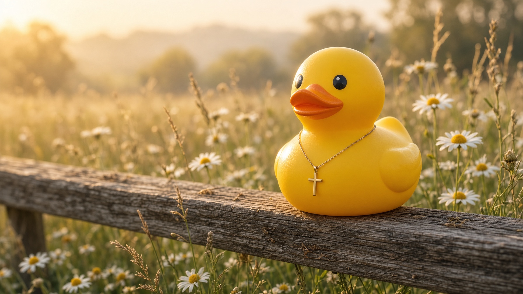 A yellow rubber duck in a daisy meadow